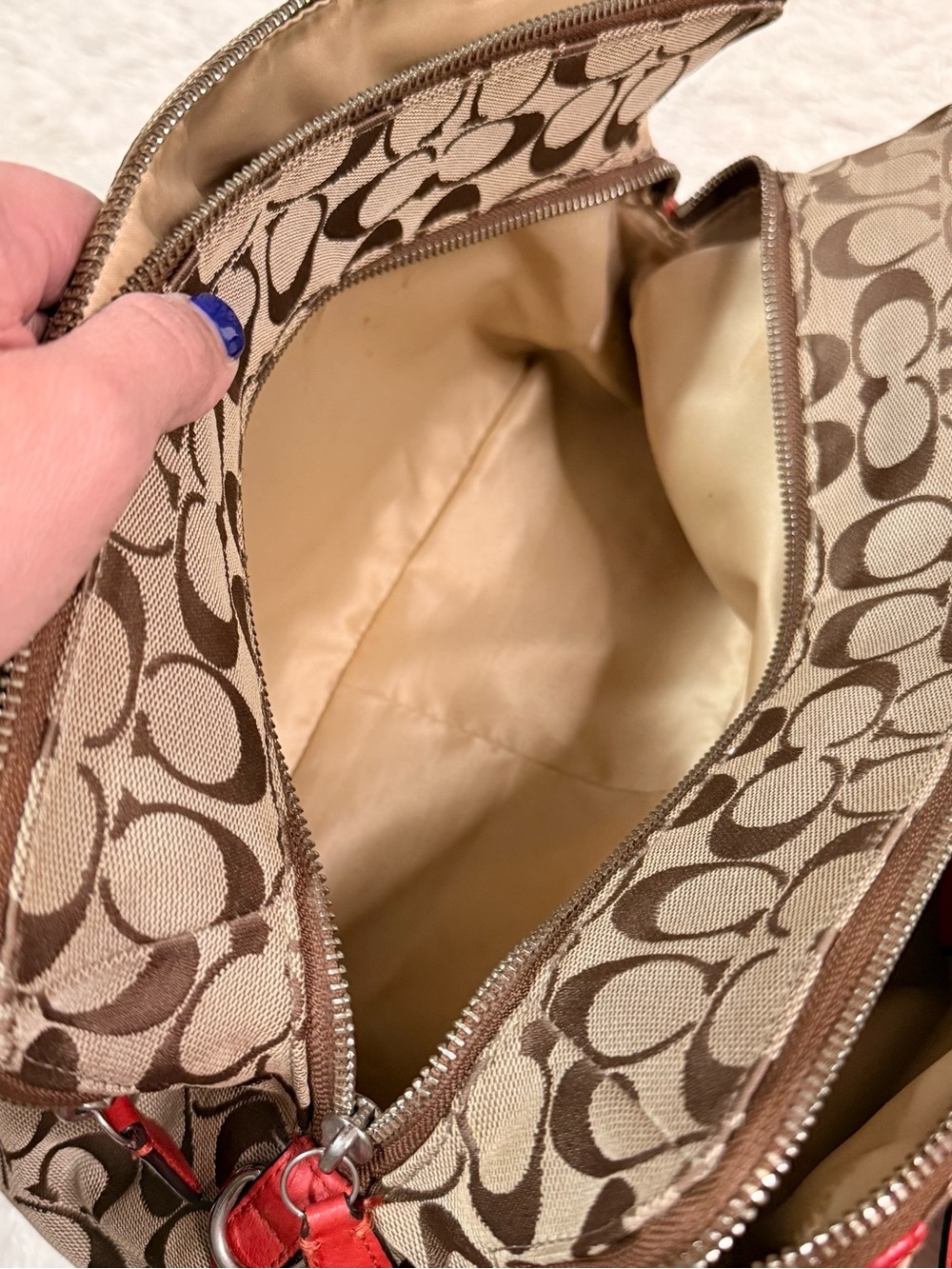 Coach Beige Signature Canvas Satchel with Red Leather Trim - Picture 8 of 16